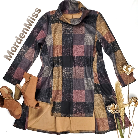 Mordenmiss Dresses & Skirts - New Mordenmiss ThickCotton Brown Tan Plaid Dress M